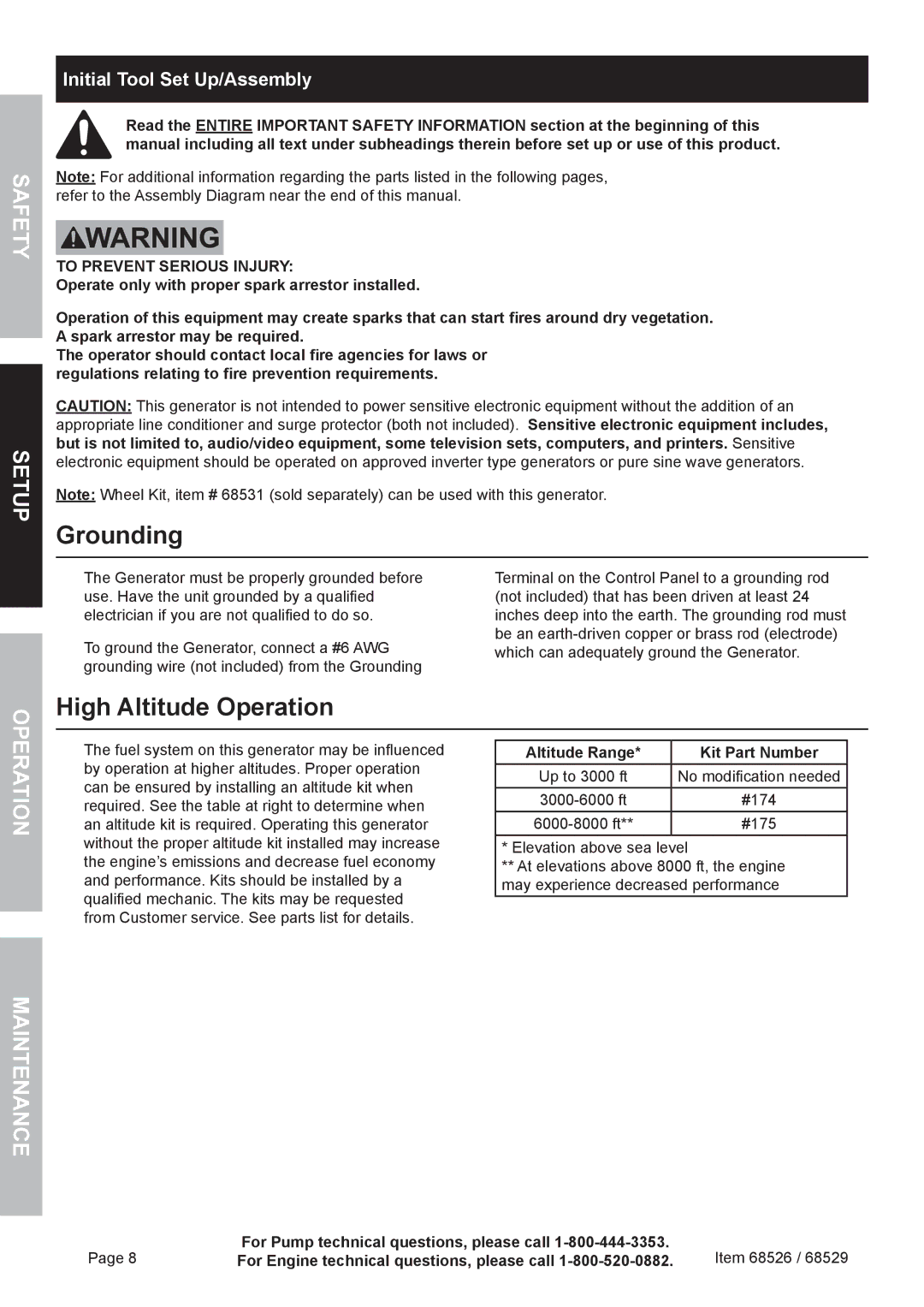 Harbor Freight Tools 68526 owner manual Grounding, High Altitude Operation, Peration, Altitude Range Kit Part Number 