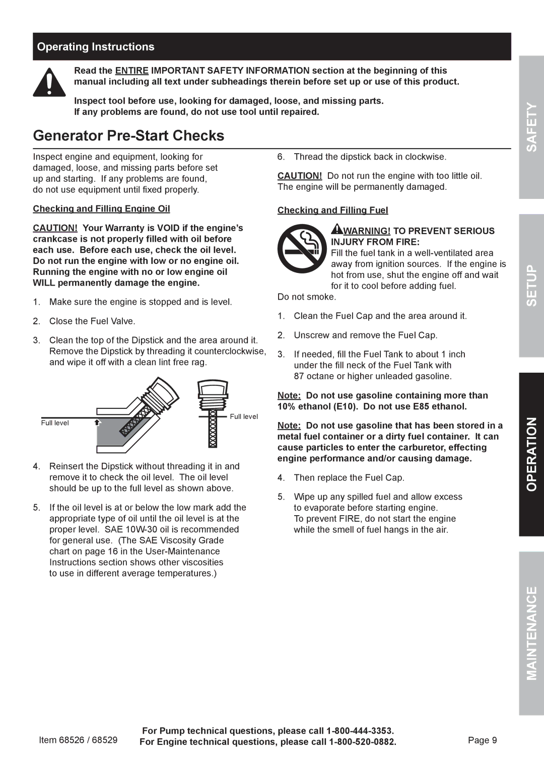 Harbor Freight Tools 68526 Generator Pre-Start Checks, Checking and Filling Engine Oil, Checking and Filling Fuel 