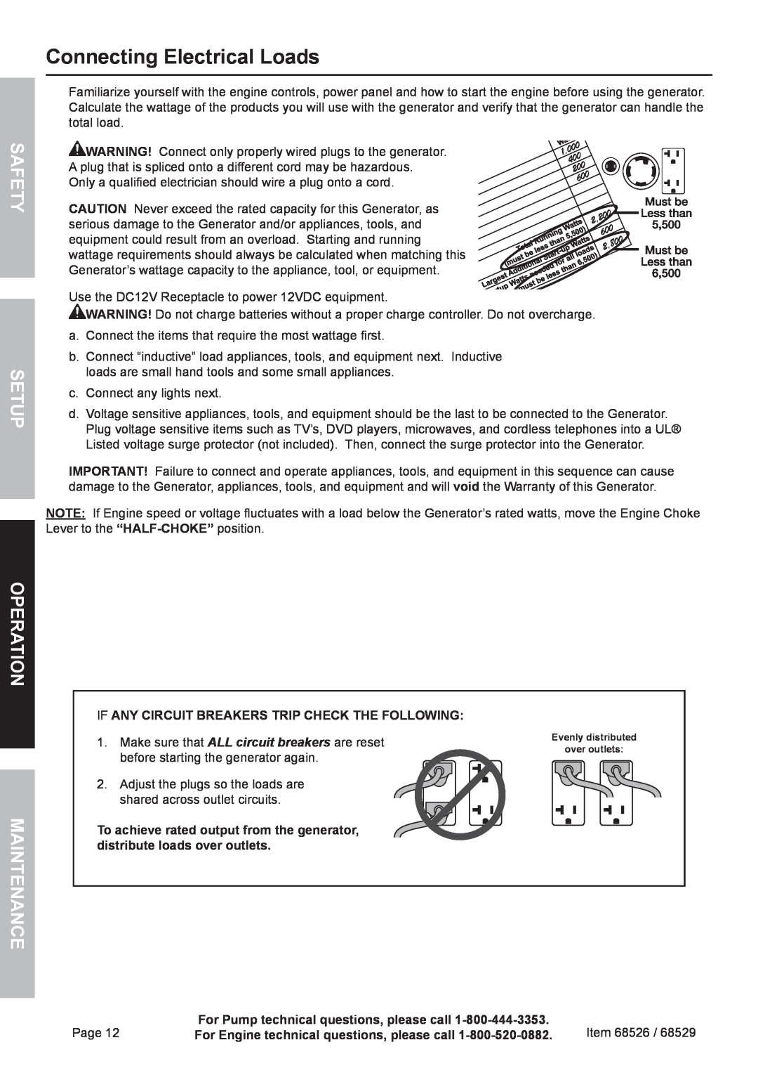 Harbor Freight Tools 68526 owner manual Connecting Electrical Loads, Safety Setup Operation, Maintenance 