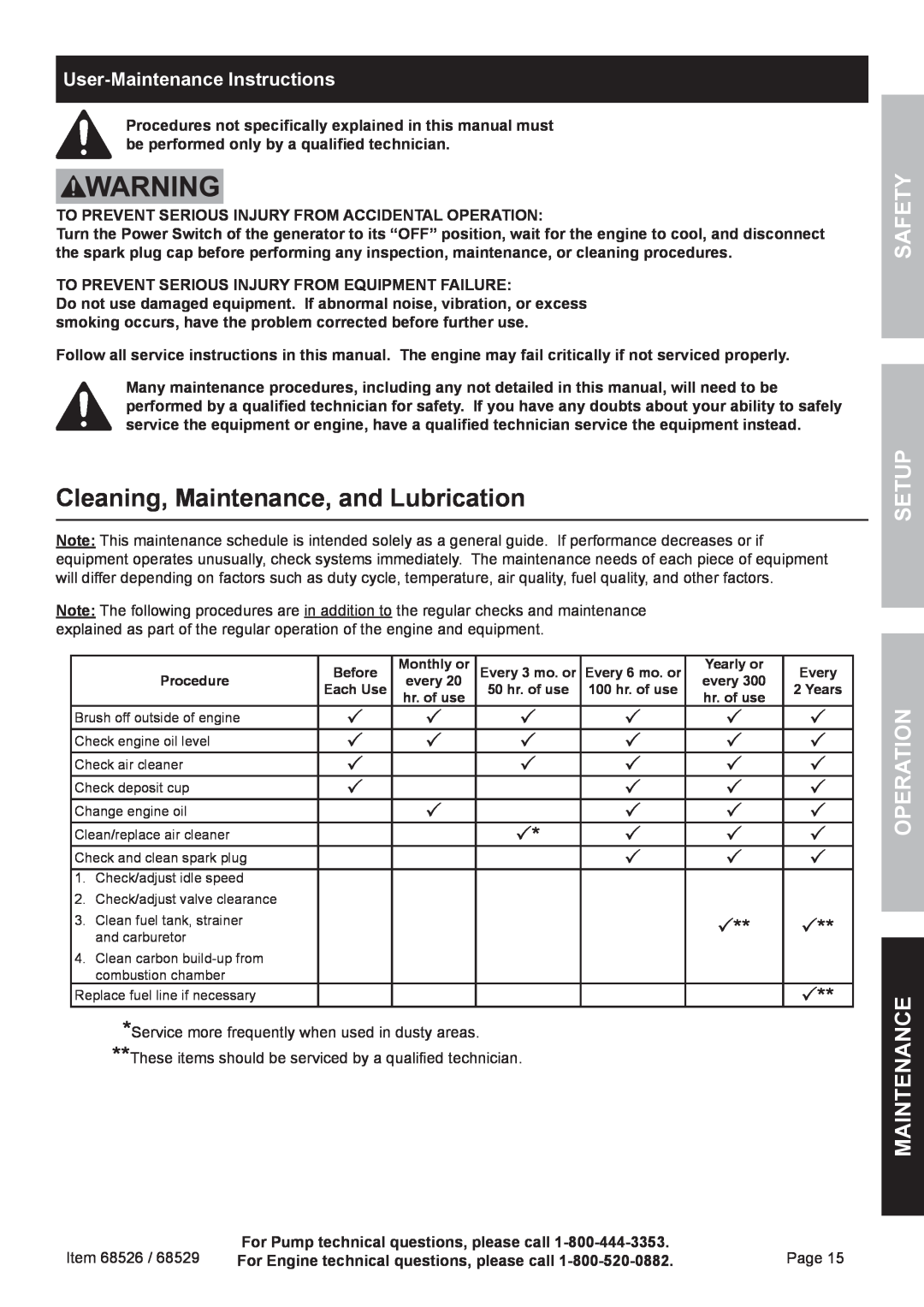 Harbor Freight Tools 68526 owner manual Cleaning, Maintenance, and Lubrication, Safety Setup Operation Maintenance 