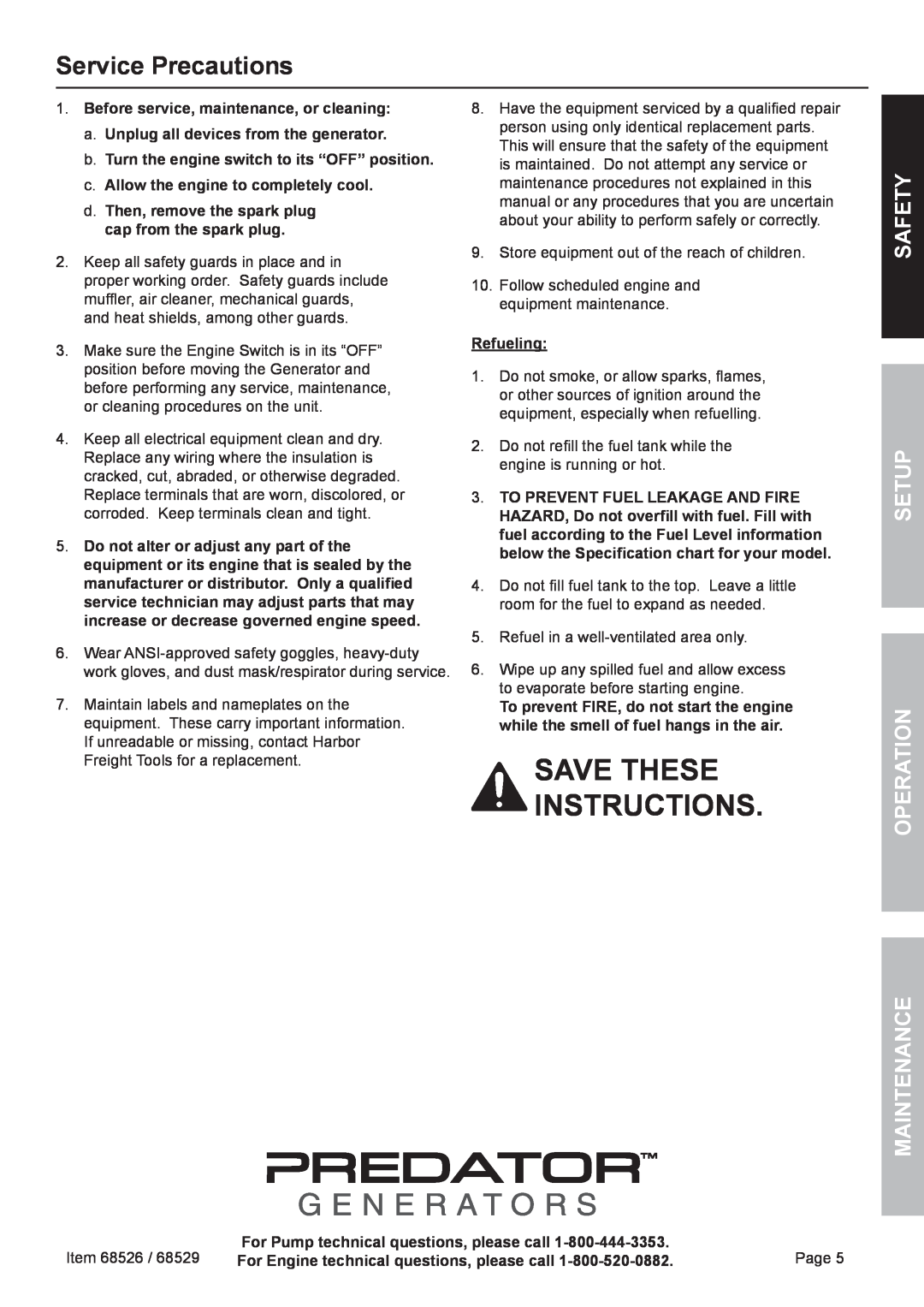 Harbor Freight Tools 68526 owner manual Save these instructions, Service Precautions, Safety, Setup Operation Maintenance 