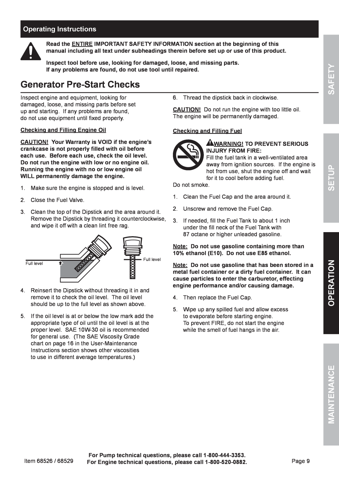 Harbor Freight Tools 68526 Generator Pre-StartChecks, Operating Instructions, Safety, Setup, Maintenance, Operation, Page 