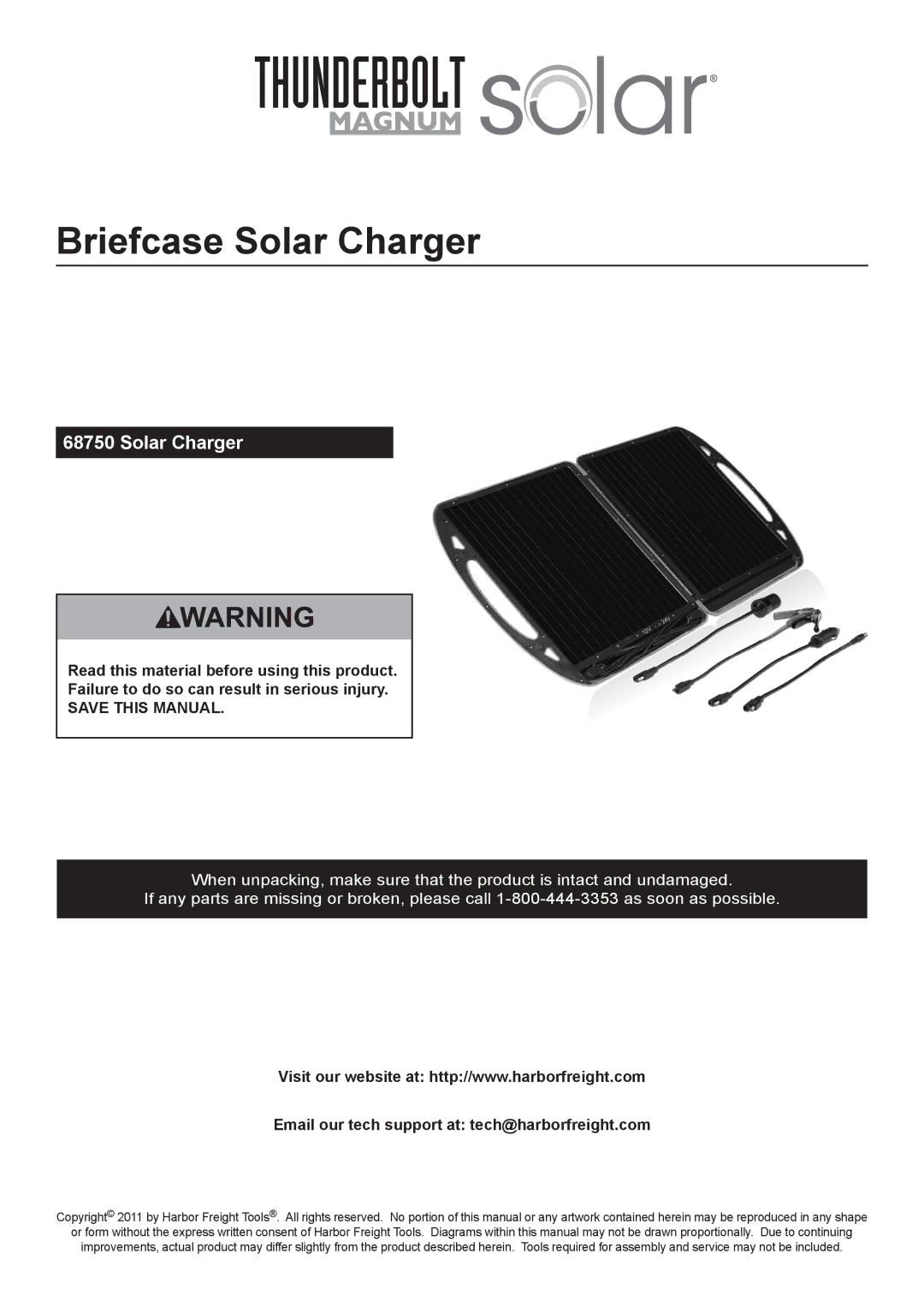 Harbor Freight Tools 68750 manual Solar Charger, Save this Manual, Email our tech support at tech@harborfreight.com 