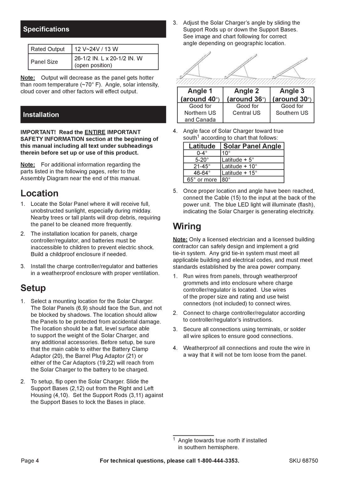 Harbor Freight Tools 68750 manual Location, Setup, Wiring, Specifications, Installation 