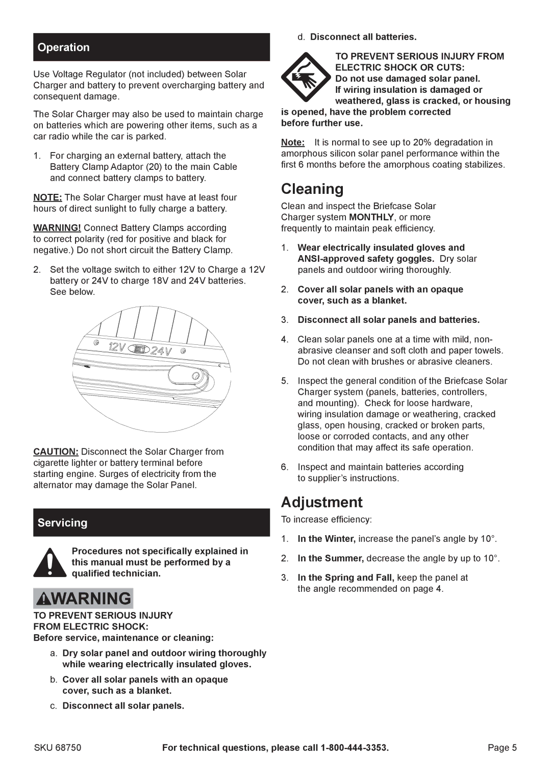 Harbor Freight Tools 68750 manual Cleaning, Adjustment, Operation, Servicing 