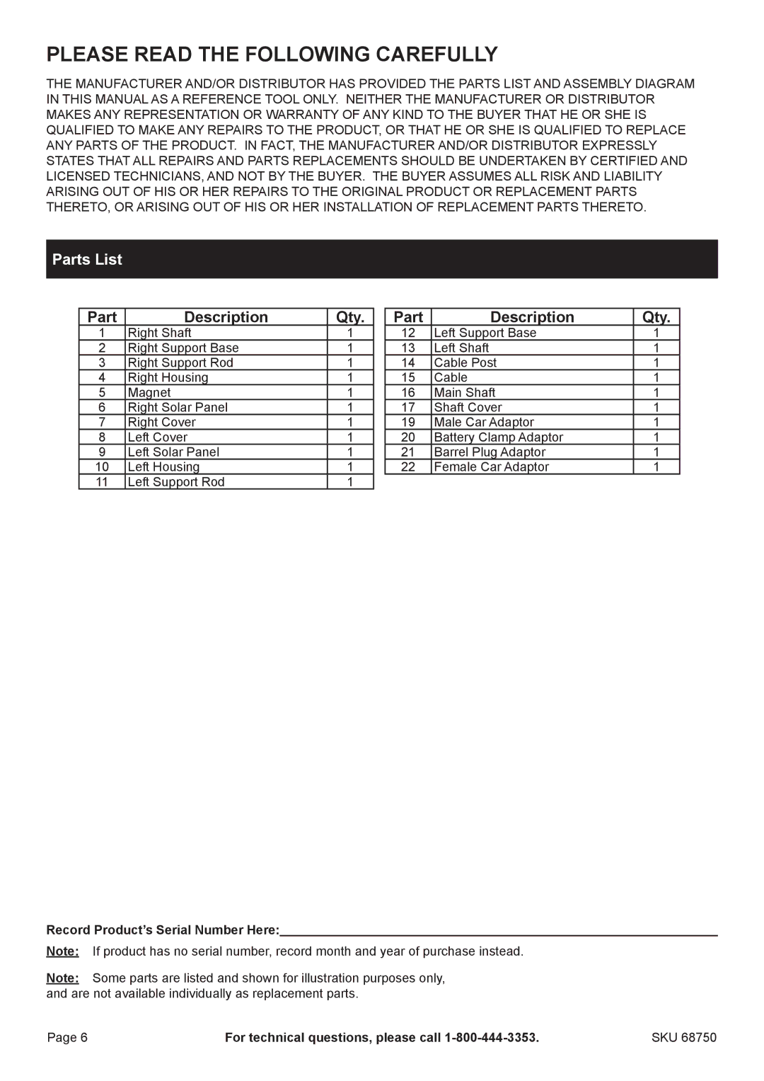 Harbor Freight Tools 68750 manual Parts List, Part Description Qty 