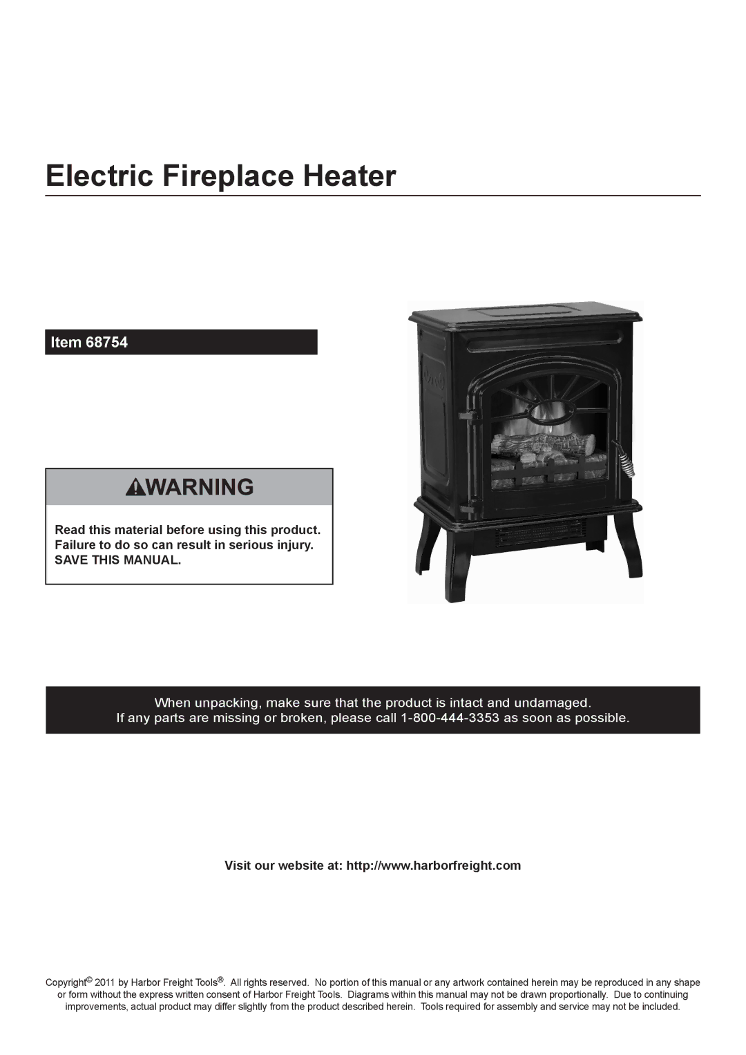 Harbor Freight Tools 68754 manual Electric Fireplace Heater, Save this Manual 