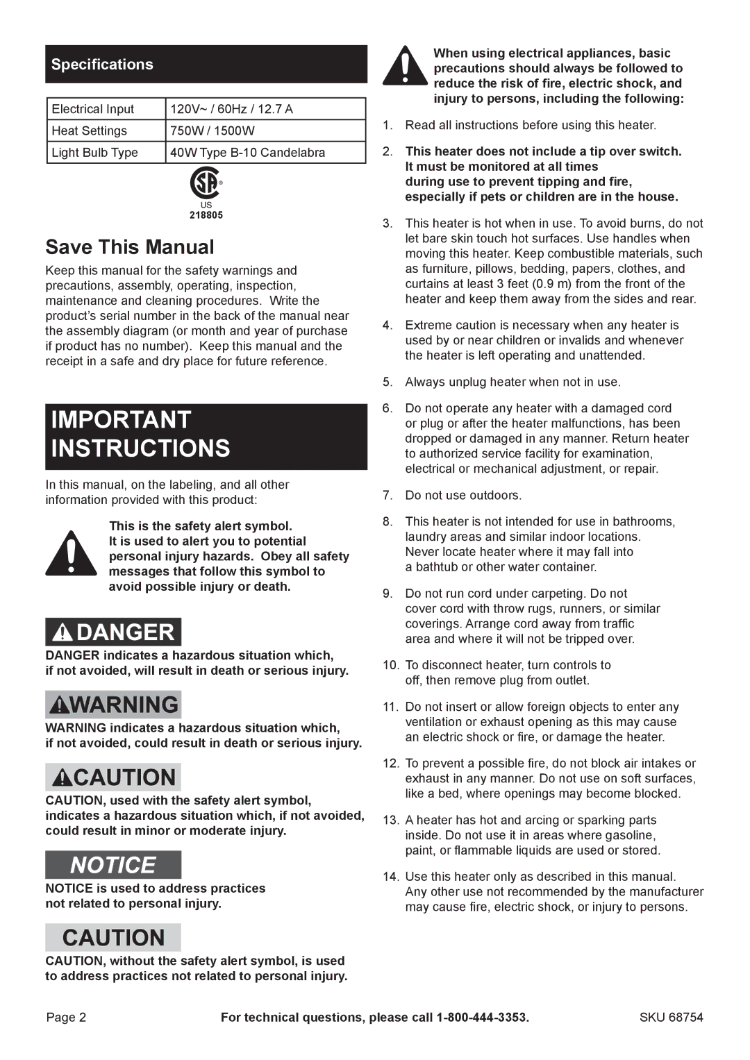 Harbor Freight Tools 68754 manual Save This Manual, Specifications, For technical questions, please call 