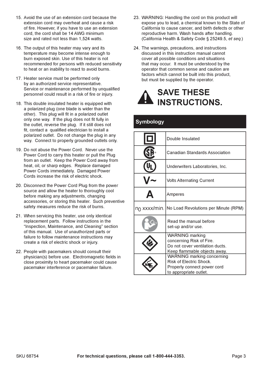 Harbor Freight Tools 68754 manual Save These Instructions, Symbology 