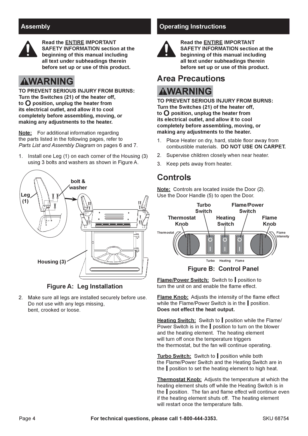 Harbor Freight Tools 68754 manual Area Precautions, Controls, Assembly Operating Instructions 