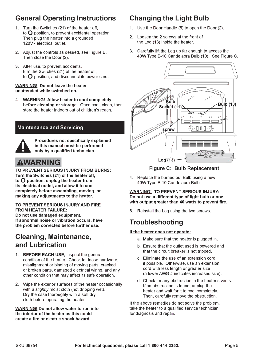 Harbor Freight Tools 68754 General Operating Instructions, Cleaning, Maintenance, and Lubrication, Changing the Light Bulb 