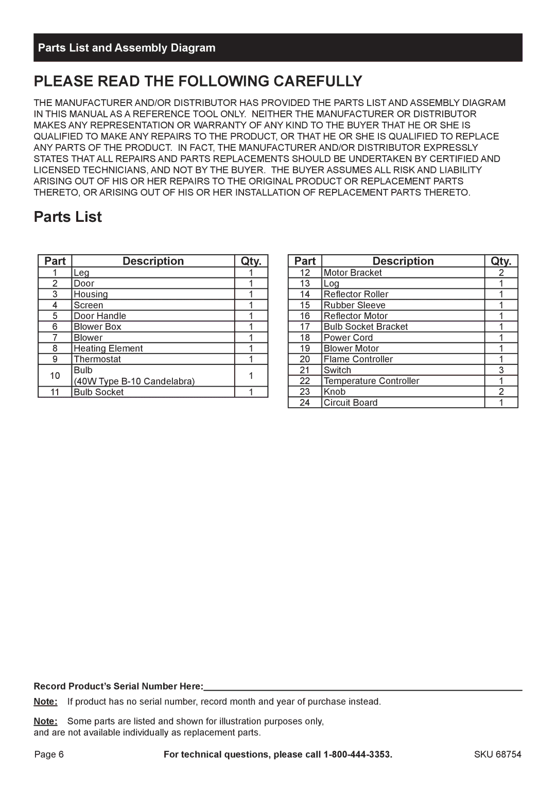 Harbor Freight Tools 68754 manual Parts List and Assembly Diagram 