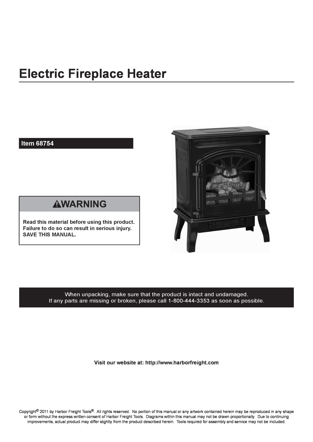 Harbor Freight Tools 68754 manual Electric Fireplace Heater 