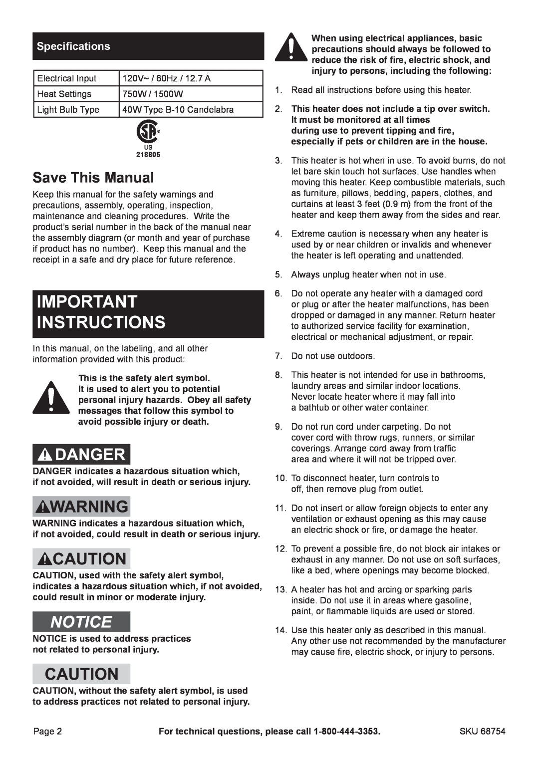 Harbor Freight Tools 68754 manual Save This Manual, Specifications, Instructions 