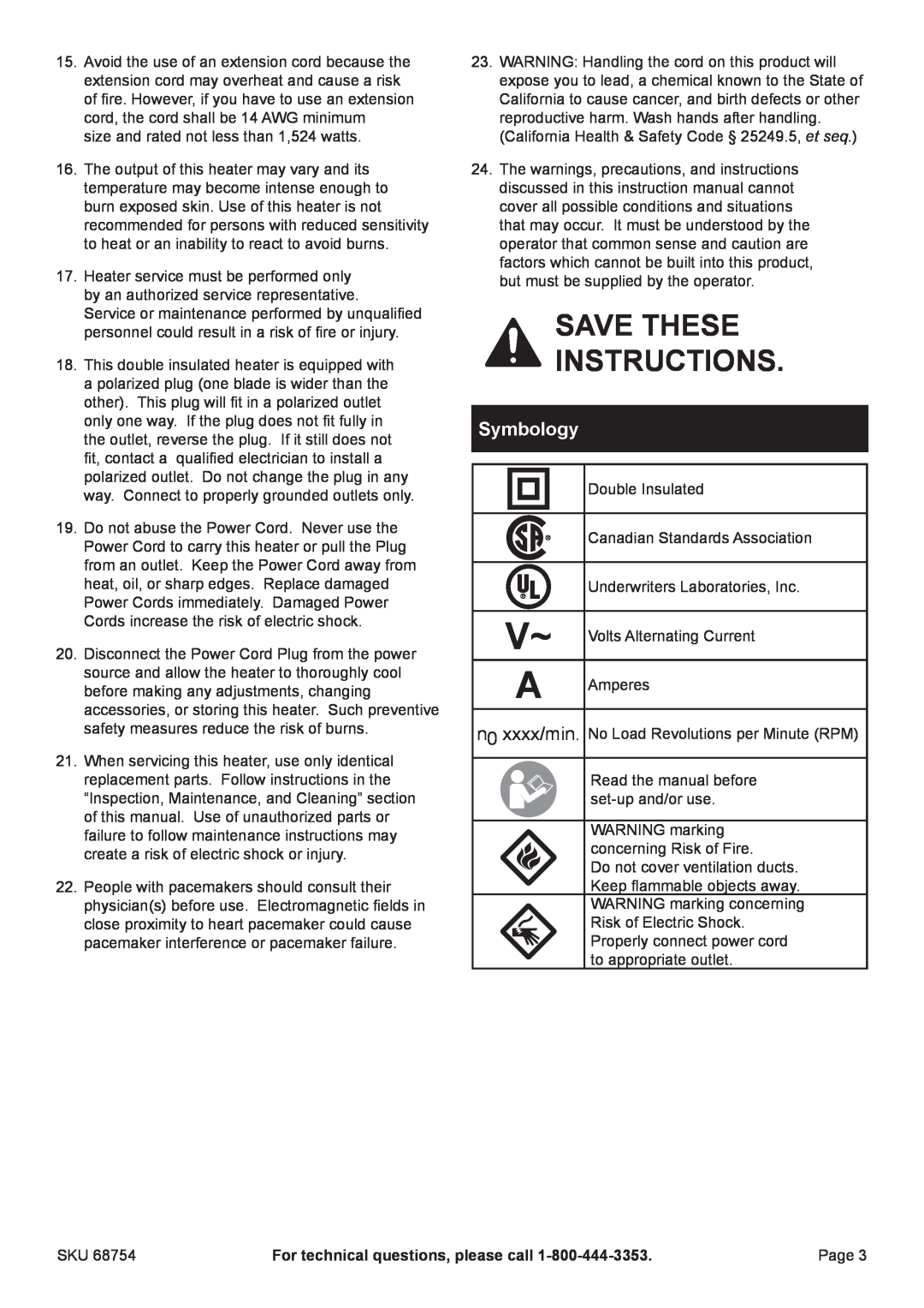 Harbor Freight Tools 68754 manual Symbology, Save These Instructions 