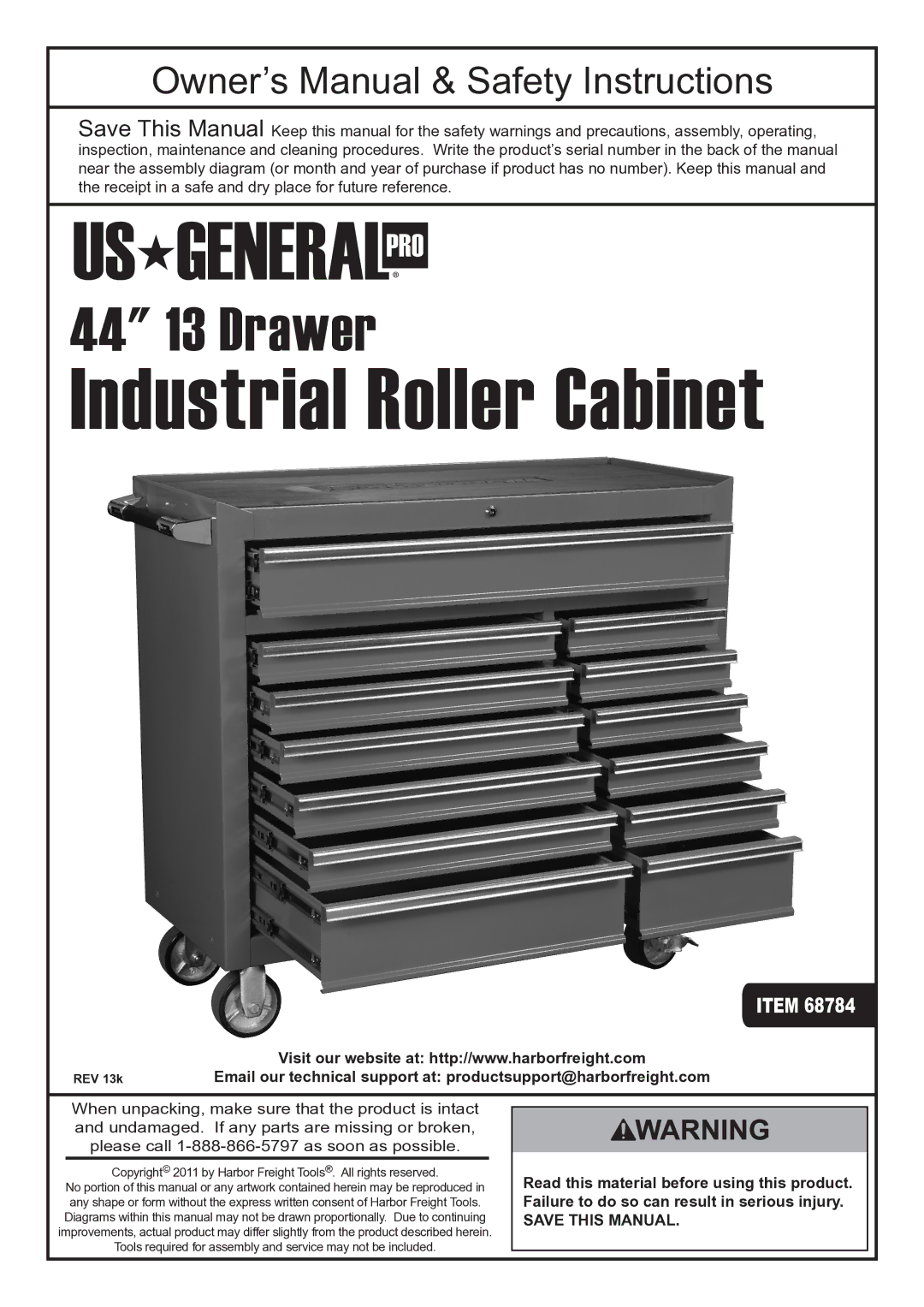 Harbor Freight Tools 68784 owner manual Industrial Roller Cabinet, Save this Manual 