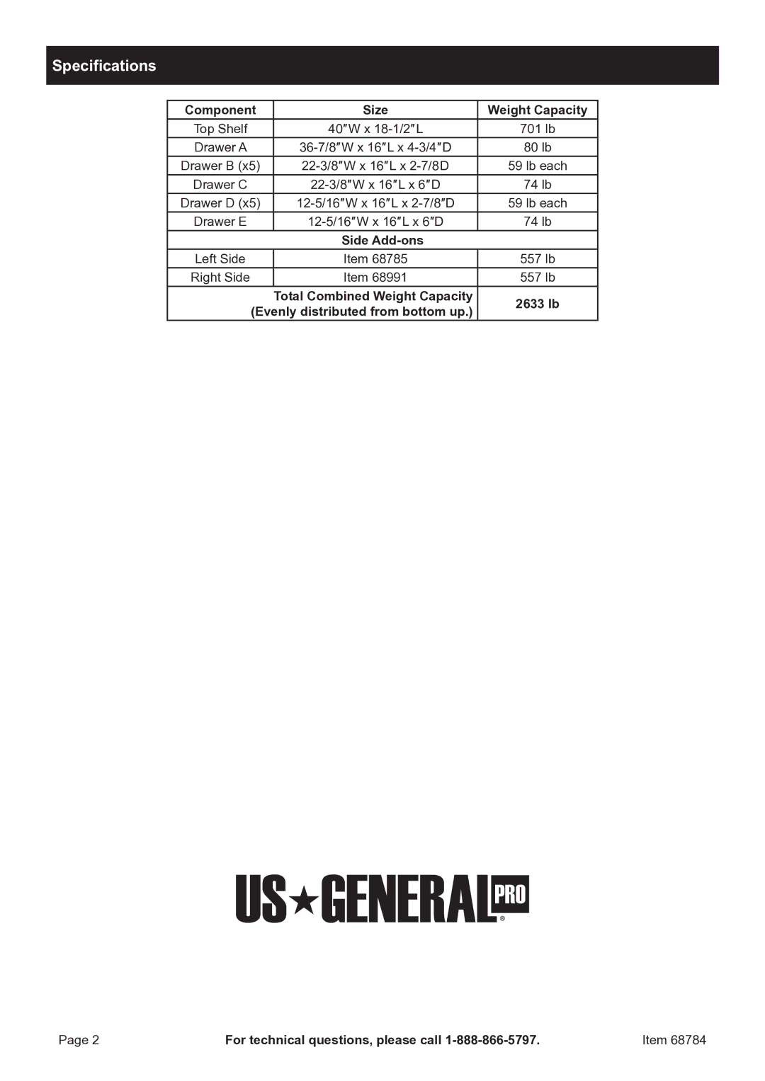 Harbor Freight Tools 68784 owner manual Specifications, Component Size Weight Capacity, Side Add-ons 