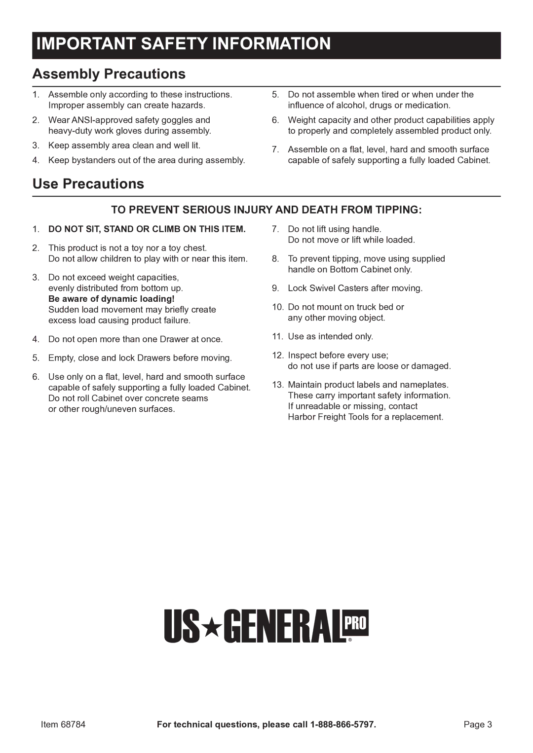 Harbor Freight Tools 68784 owner manual Assembly Precautions, Use Precautions, Do not SIT, Stand or Climb on this Item 