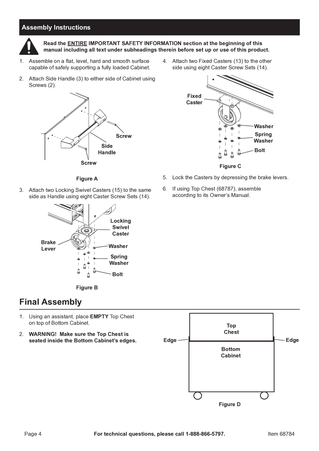 Harbor Freight Tools 68784 owner manual Final Assembly, Assembly Instructions 