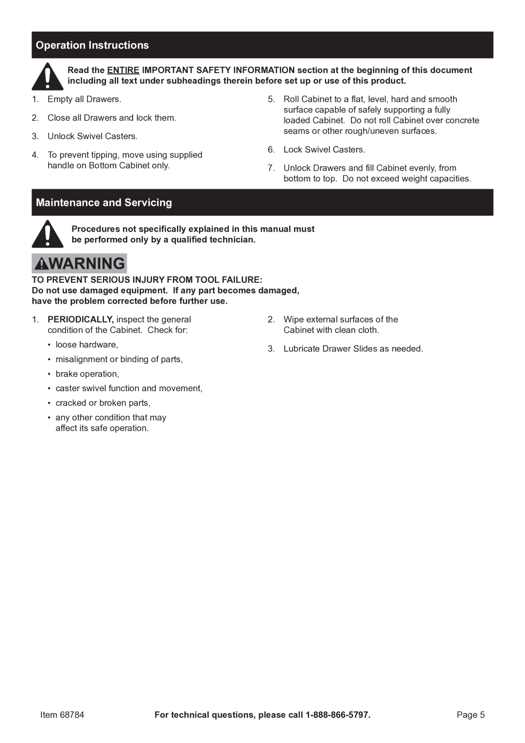 Harbor Freight Tools 68784 Operation Instructions, Maintenance and Servicing, To Prevent Serious Injury from Tool Failure 