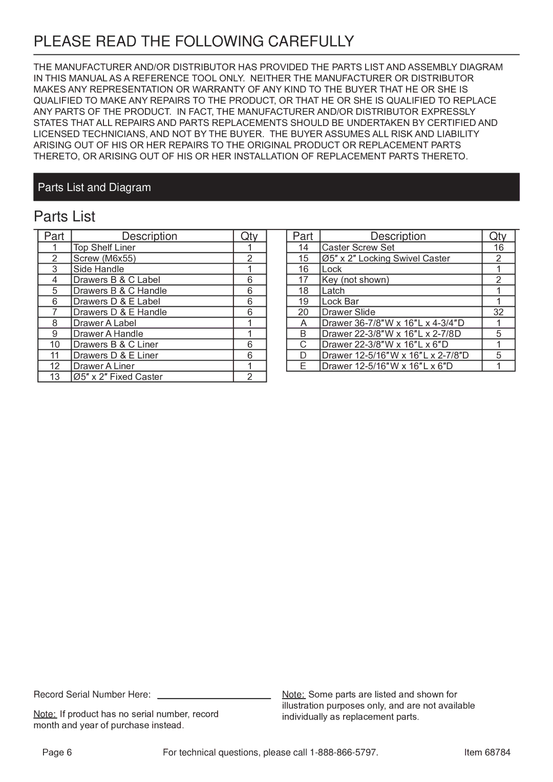 Harbor Freight Tools 68784 owner manual Parts List and Diagram 