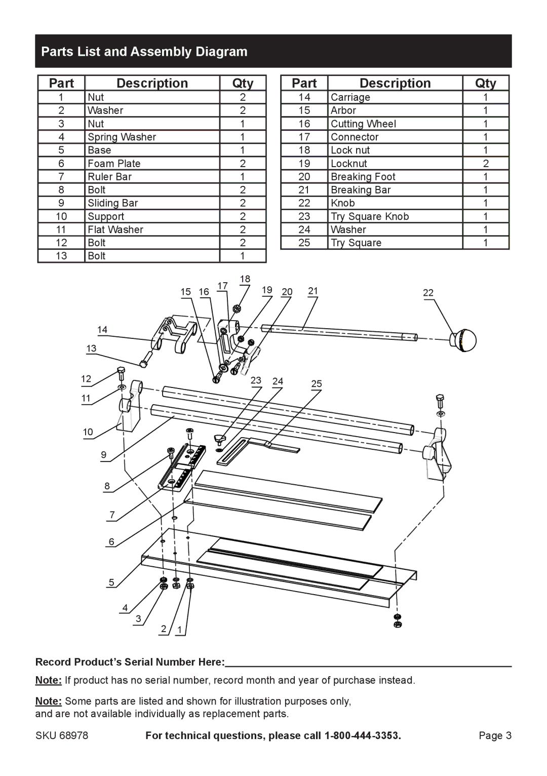 Harbor Freight Tools 68978 owner manual Parts List and Assembly Diagram 