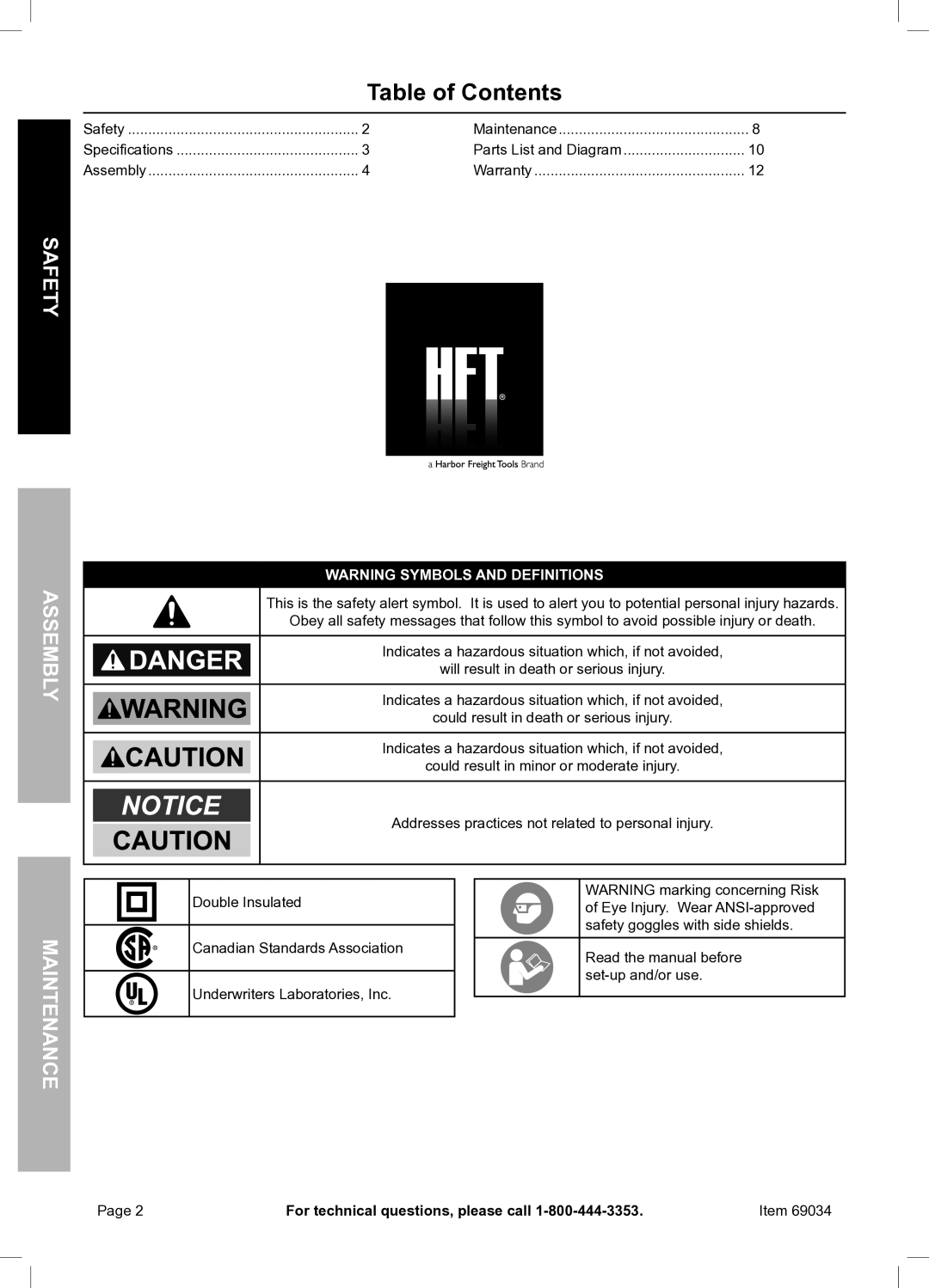 Harbor Freight Tools 69034 owner manual Table of Contents 