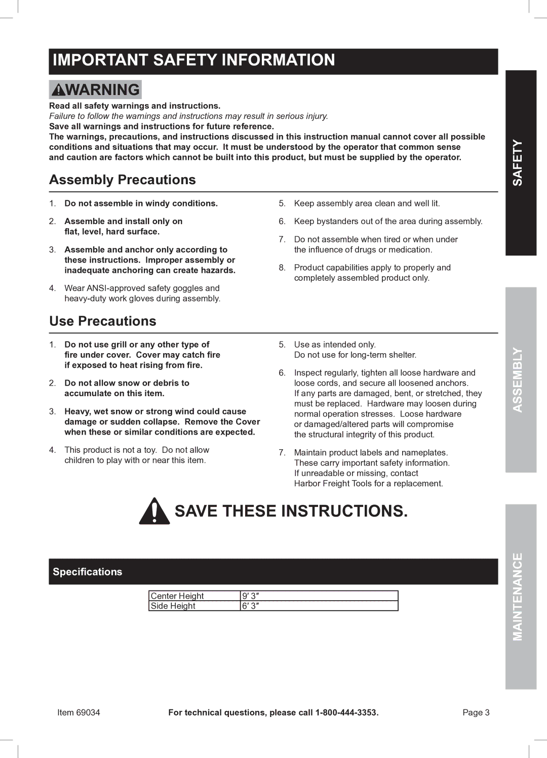 Harbor Freight Tools 69034 owner manual Assembly Precautions, Use Precautions, Safety, Specifications 