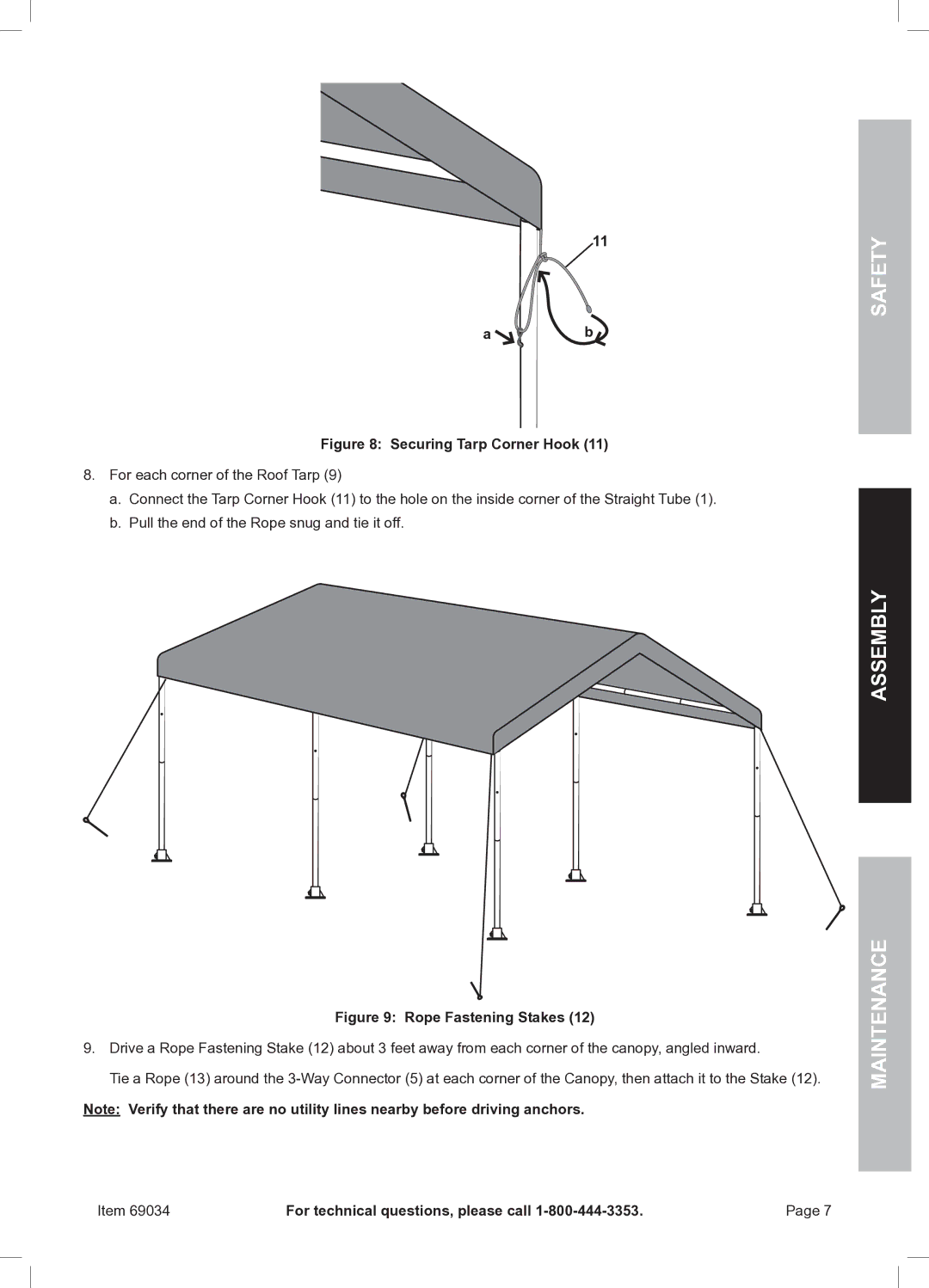 Harbor Freight Tools 69034 owner manual Safety Assembly Maintenance, Securing Tarp Corner Hook 