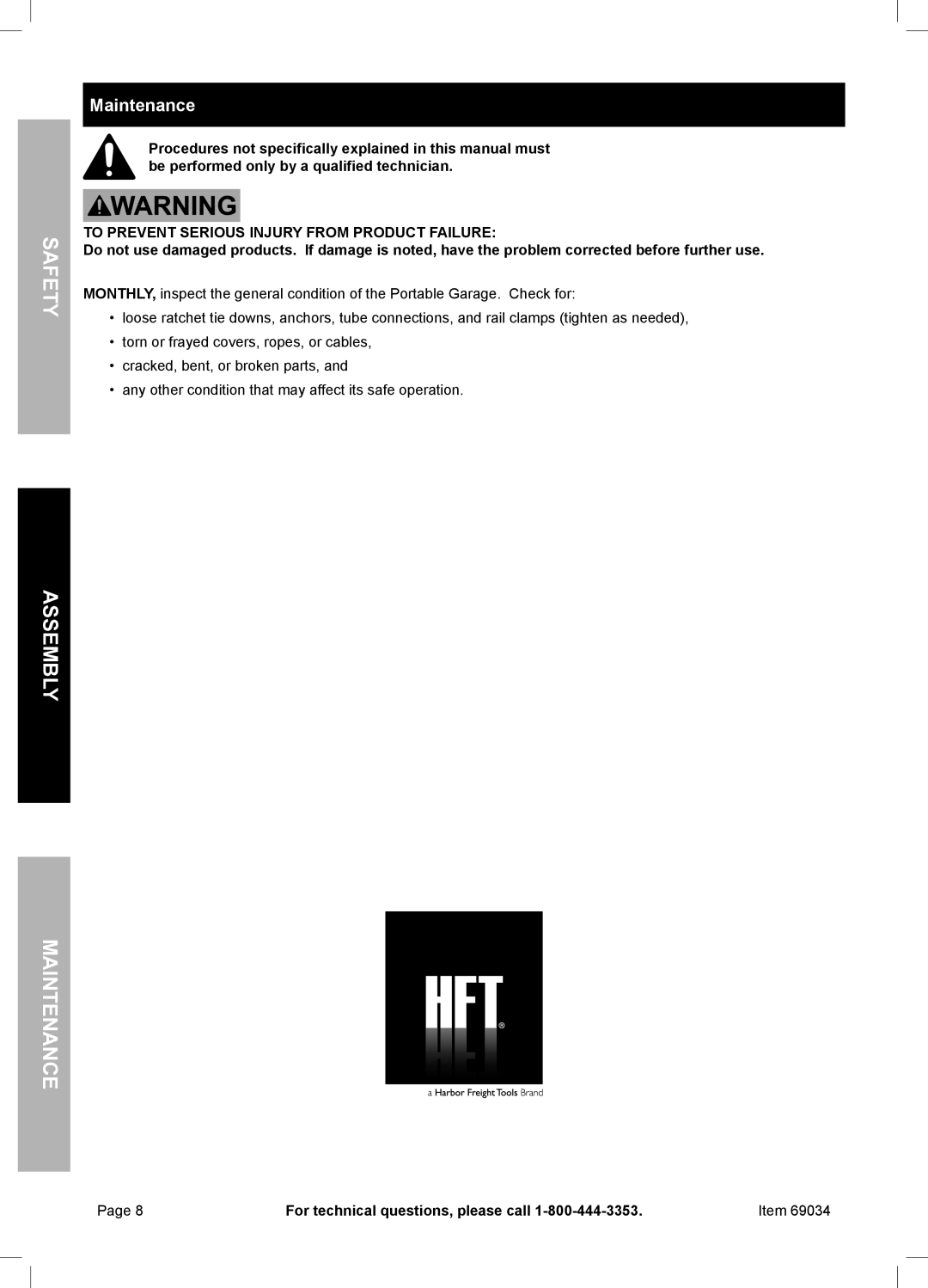Harbor Freight Tools 69034 owner manual To Prevent Serious Injury From Product Failure, Safety Assembly Maintenance 
