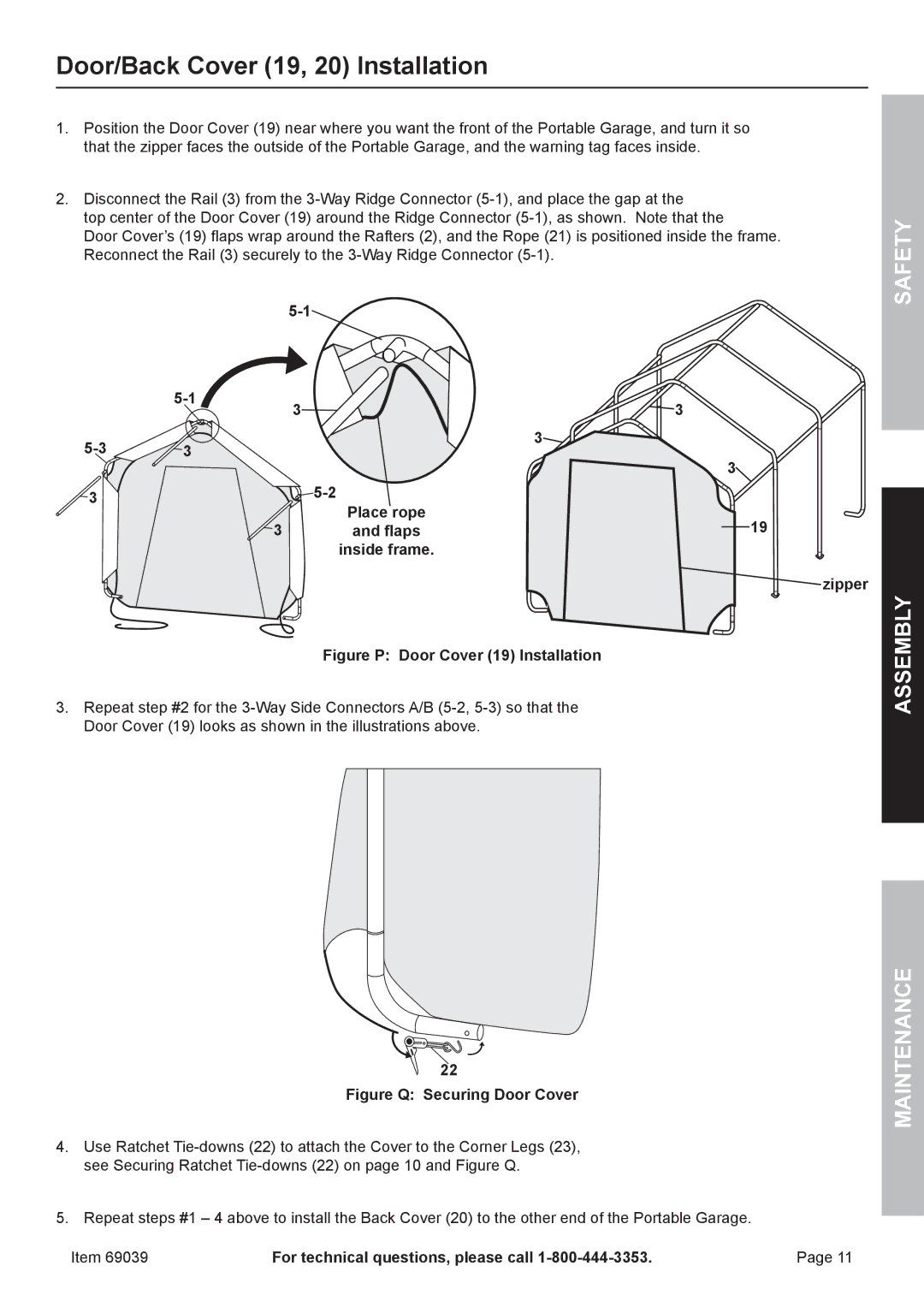 Harbor Freight Tools 69039 Door/Back Cover 19, 20 Installation, Assembly Maintenance, Flaps, Inside frame Zipper 