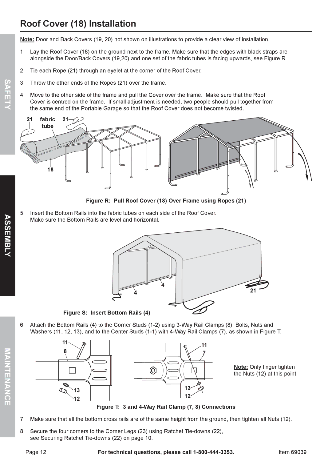 Harbor Freight Tools 69039 owner manual Roof Cover 18 Installation, Fabric Tube 