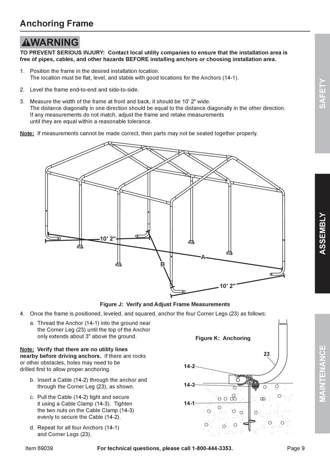 Harbor Freight Tools 69039 owner manual Anchoring Frame, Figure J Verify and Adjust Frame Measurements 