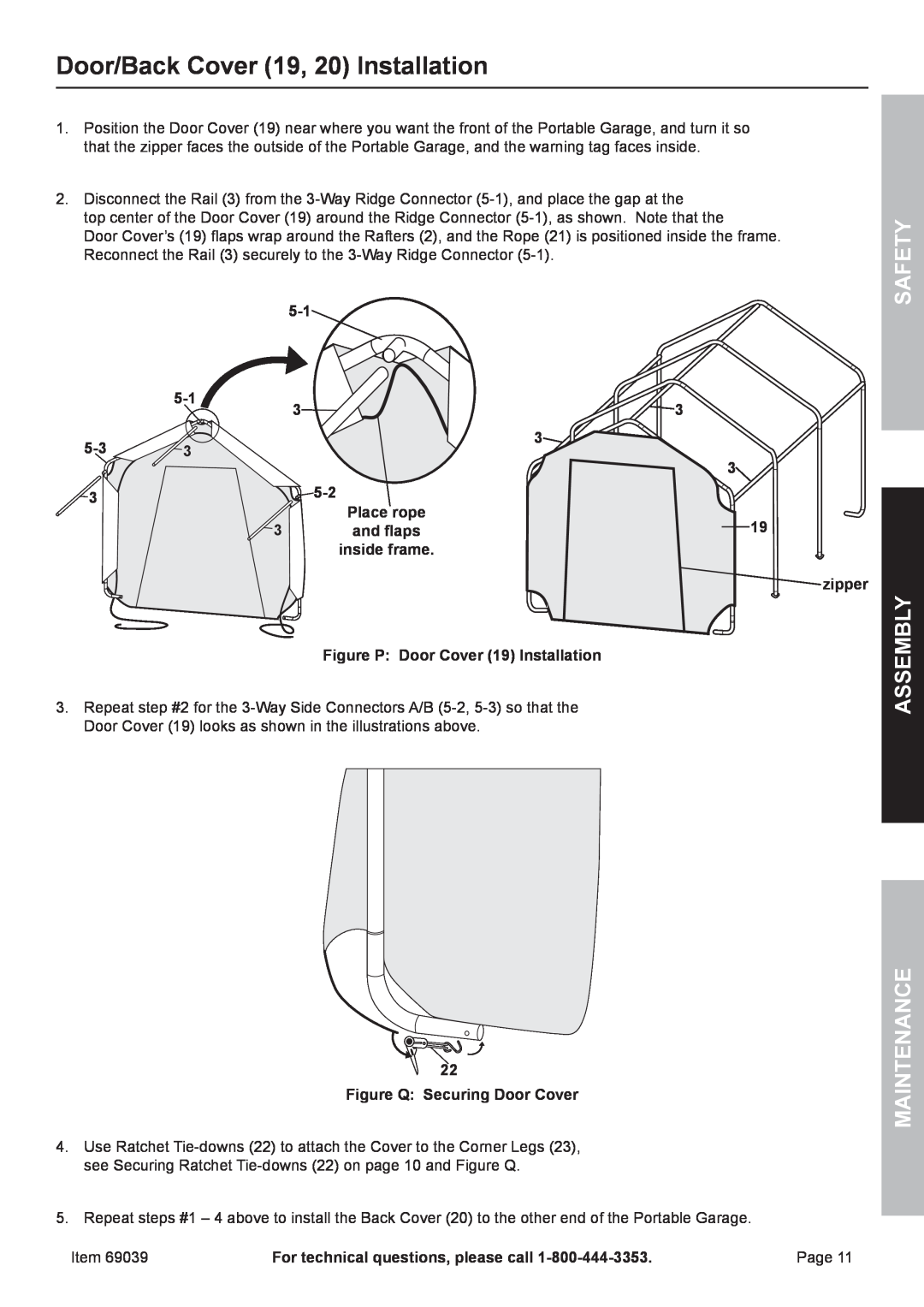 Harbor Freight Tools 69039 owner manual Door/Back Cover 19, 20 Installation, Assembly Maintenance, and flaps, Safety 