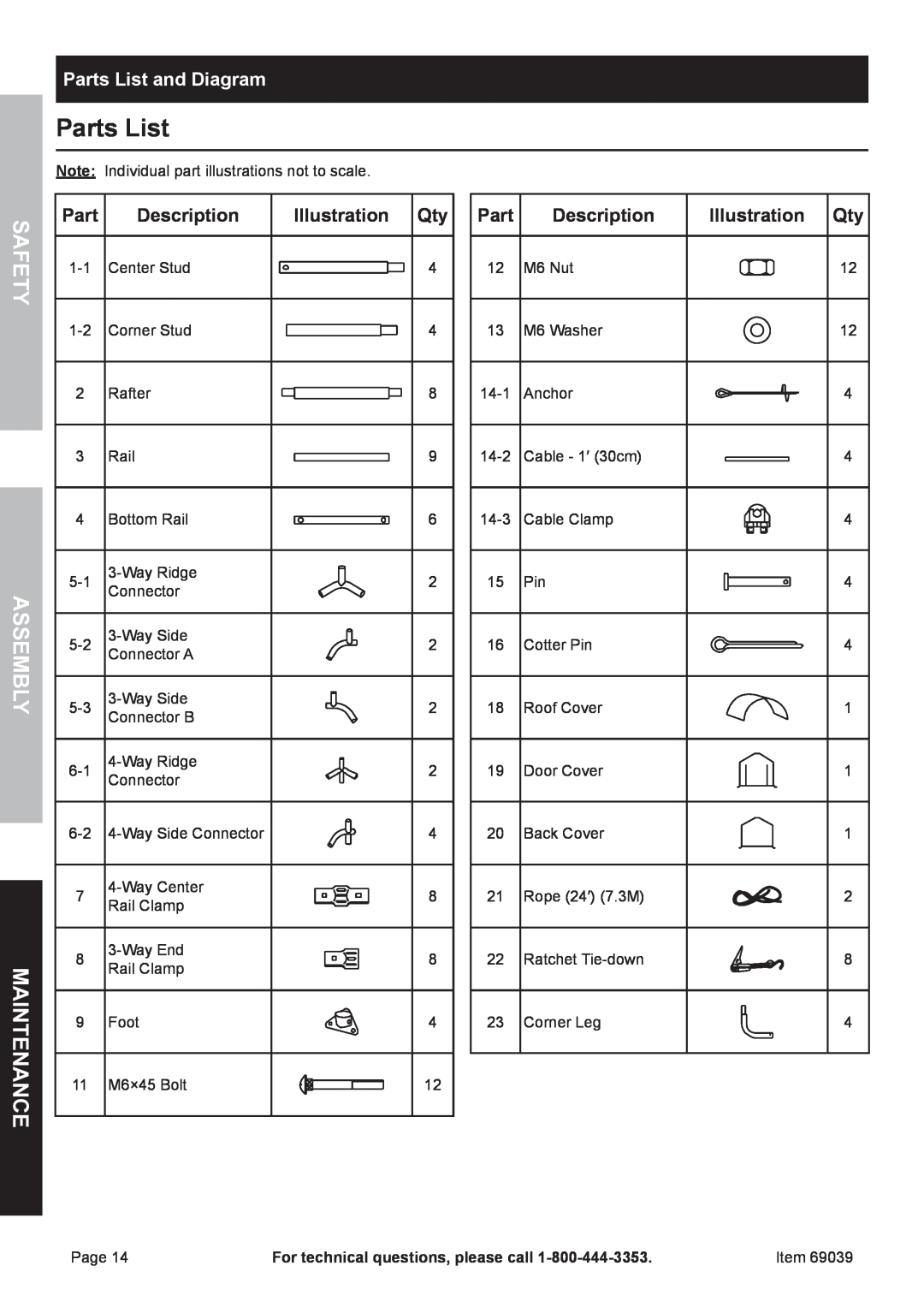 Harbor Freight Tools 69039 Parts List and Diagram, Description, Illustration Qty, Safety Assembly Maintenance 