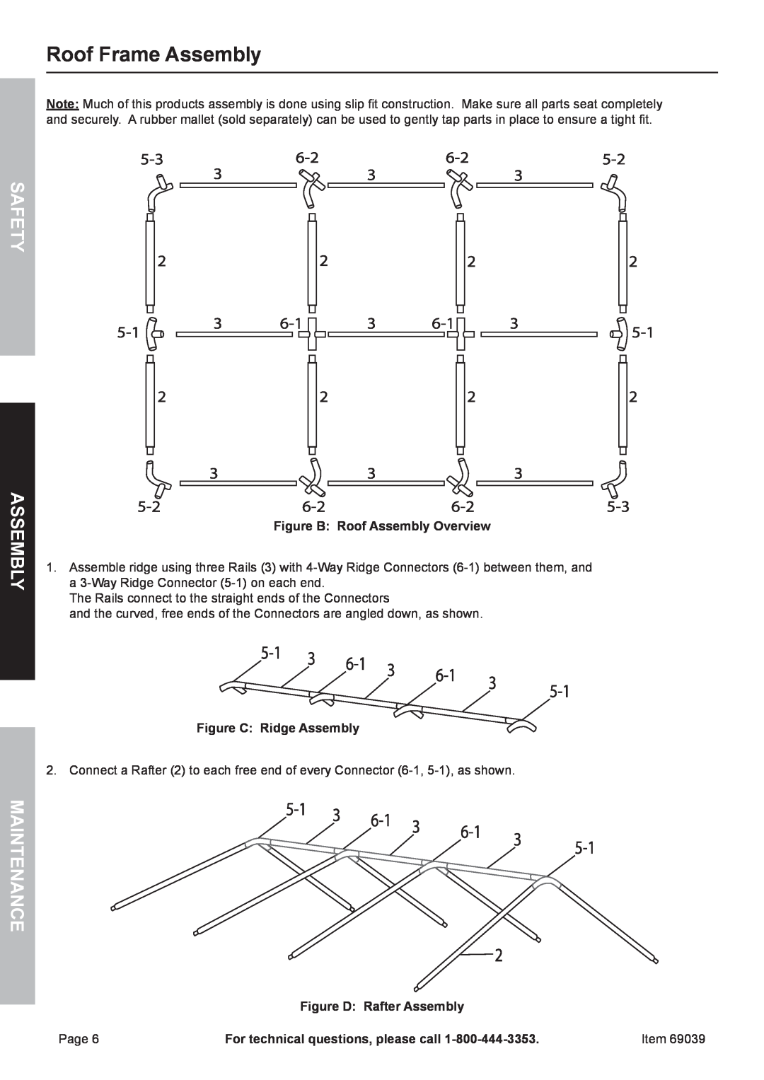 Harbor Freight Tools 69039 Roof Frame Assembly, Figure B Roof Assembly Overview, Figure C Ridge Assembly, Safety Assembly 