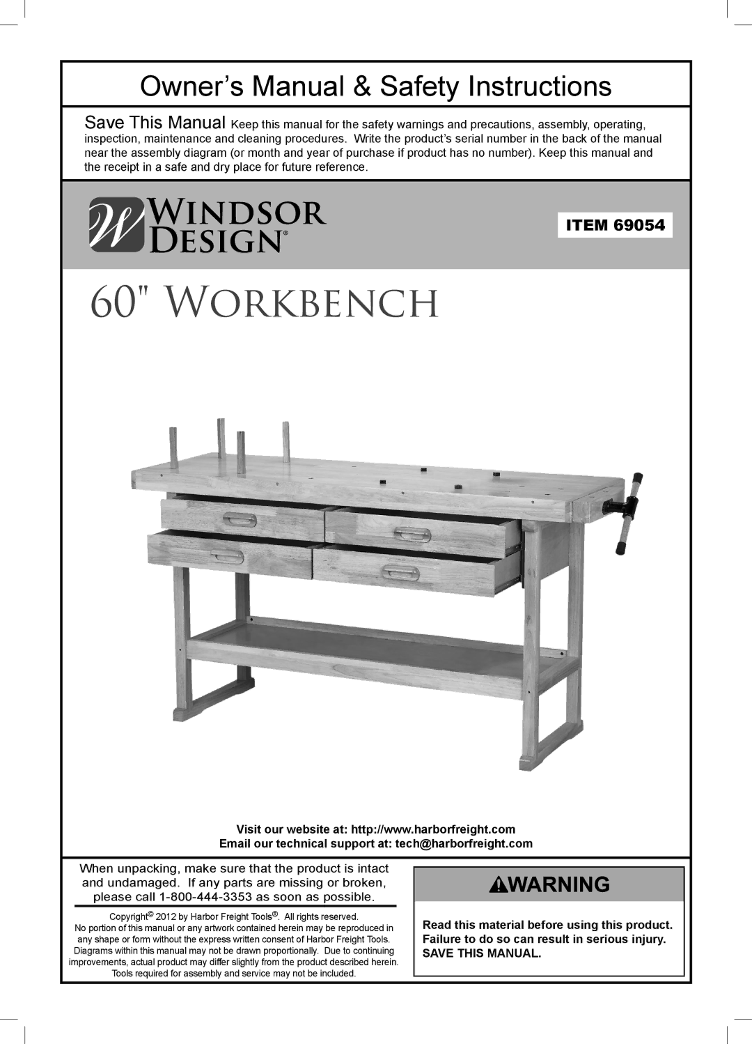 Harbor Freight Tools 69054 owner manual Workbench 