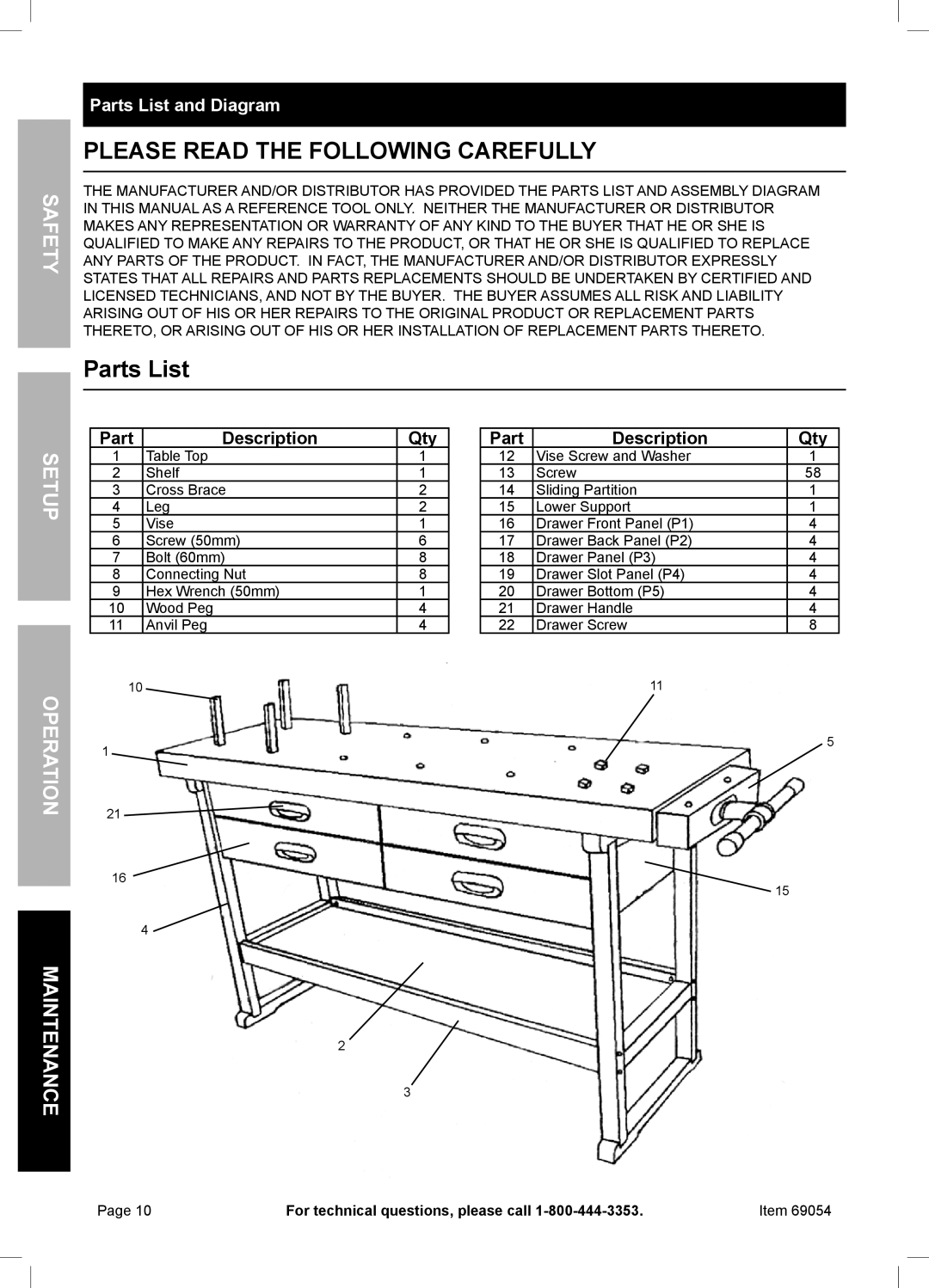 Harbor Freight Tools 69054 owner manual Please Read the Following Carefully, Parts List 