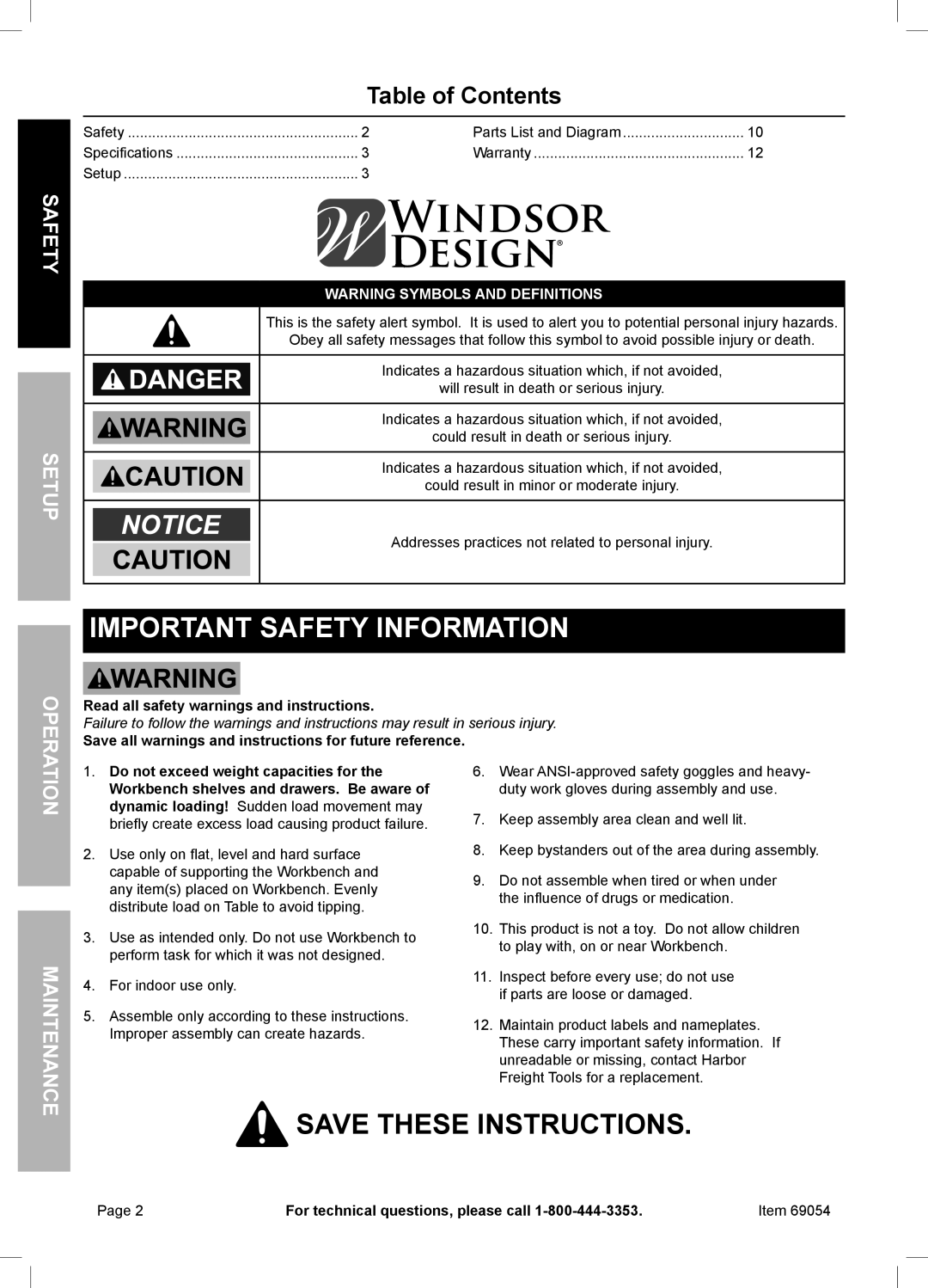 Harbor Freight Tools 69054 owner manual Important Safety Information, Table of Contents 