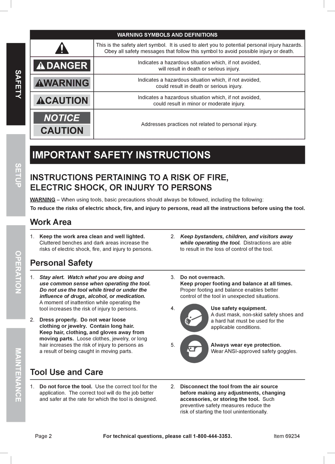 Harbor Freight Tools 69234 owner manual Work Area, Personal Safety, Tool Use and Care, Fet Sa, Setu No ratiepO 