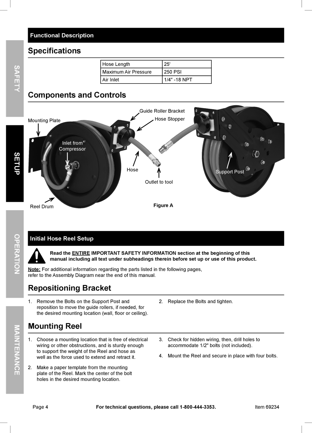 Harbor Freight Tools 69234 owner manual Specifications, Components and Controls, Repositioning Bracket, Mounting Reel 