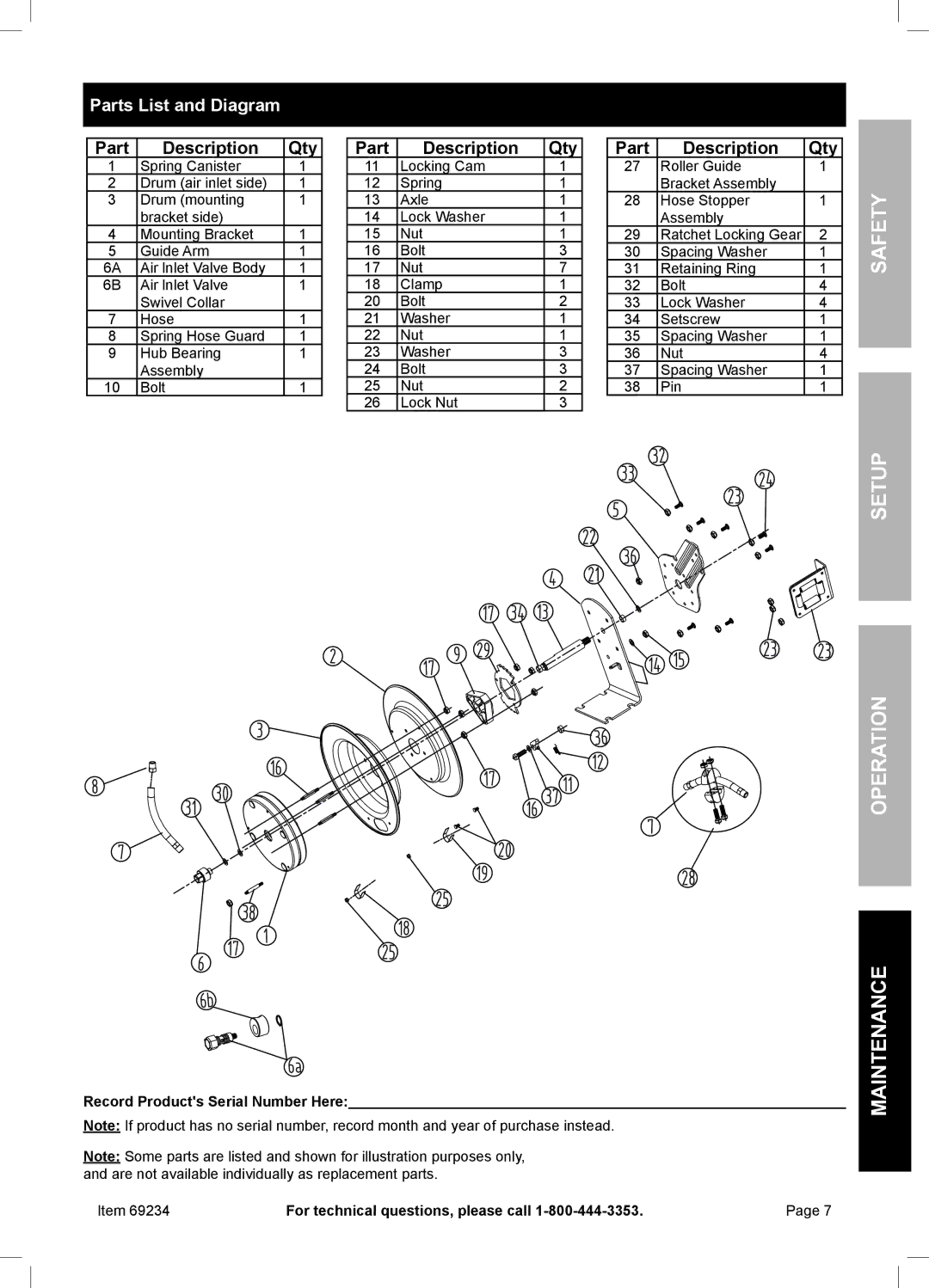 Harbor Freight Tools 69234 owner manual Setup Operation Maintenance, Parts List and Diagram 