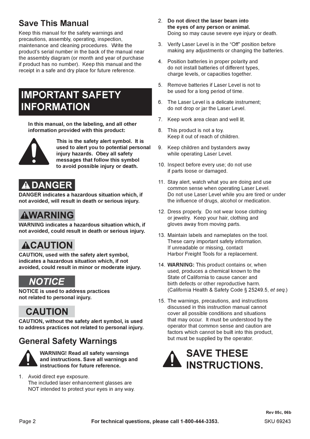 Harbor Freight Tools 69243 manual Save This Manual, General Safety Warnings, For technical questions, please call 