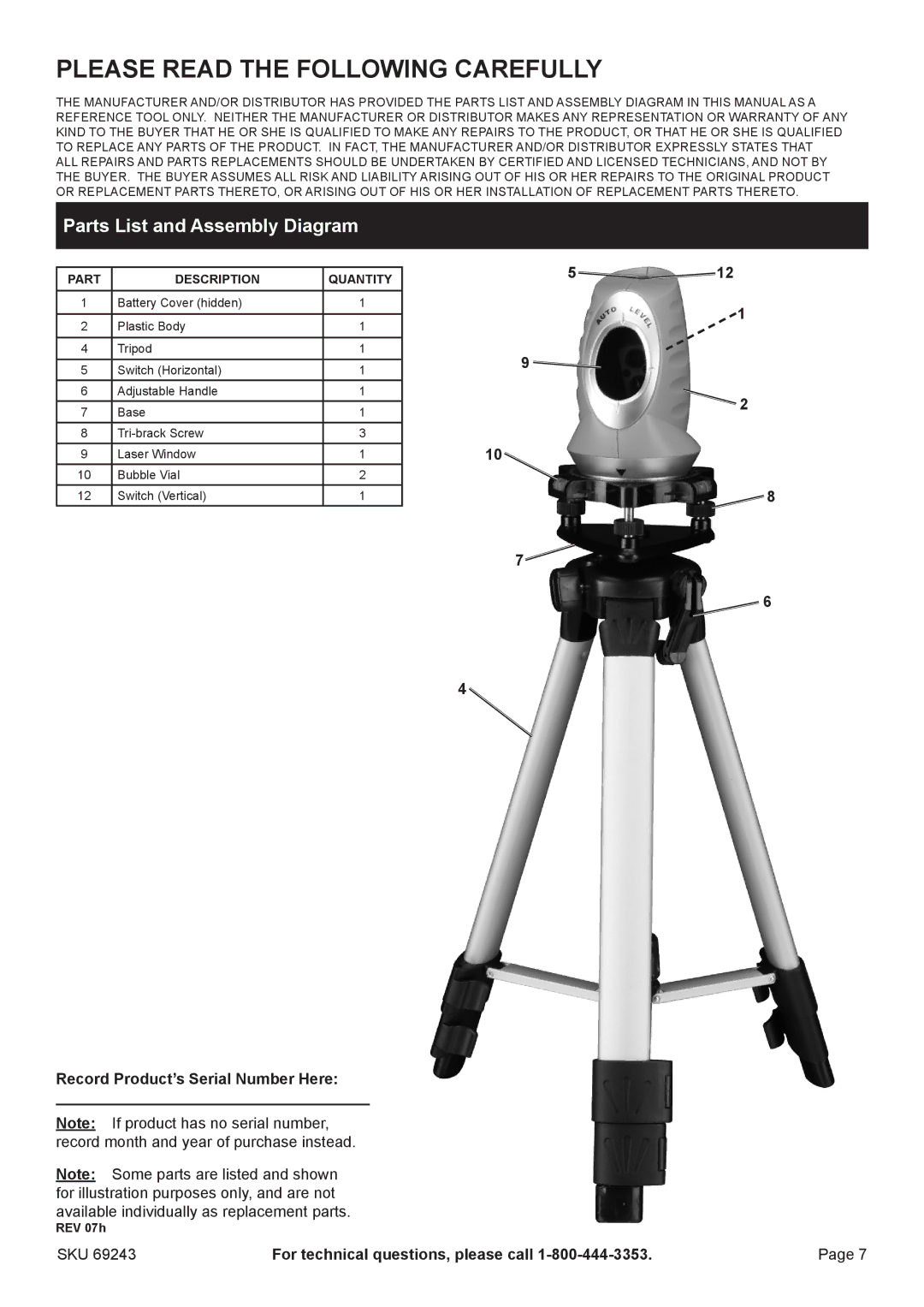 Harbor Freight Tools 69243 manual Parts List and Assembly Diagram, Record Product’s Serial Number Here 