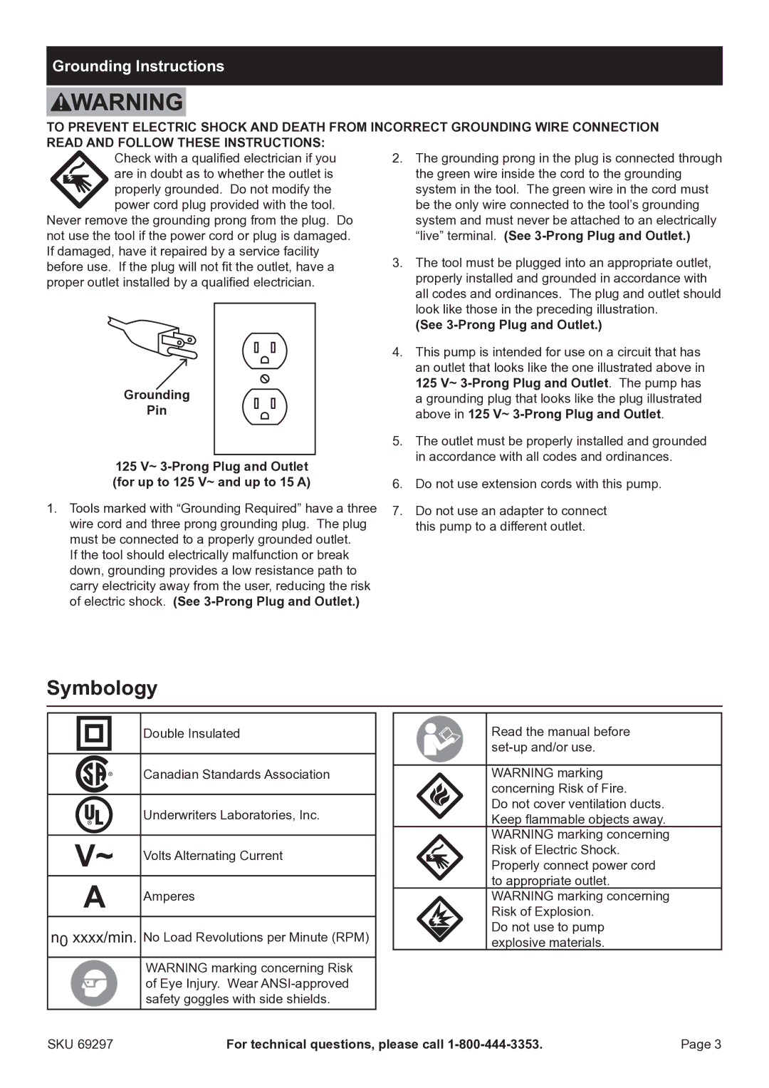 Harbor Freight Tools 69297 owner manual Symbology, Grounding Instructions, SKU For technical questions, please call 