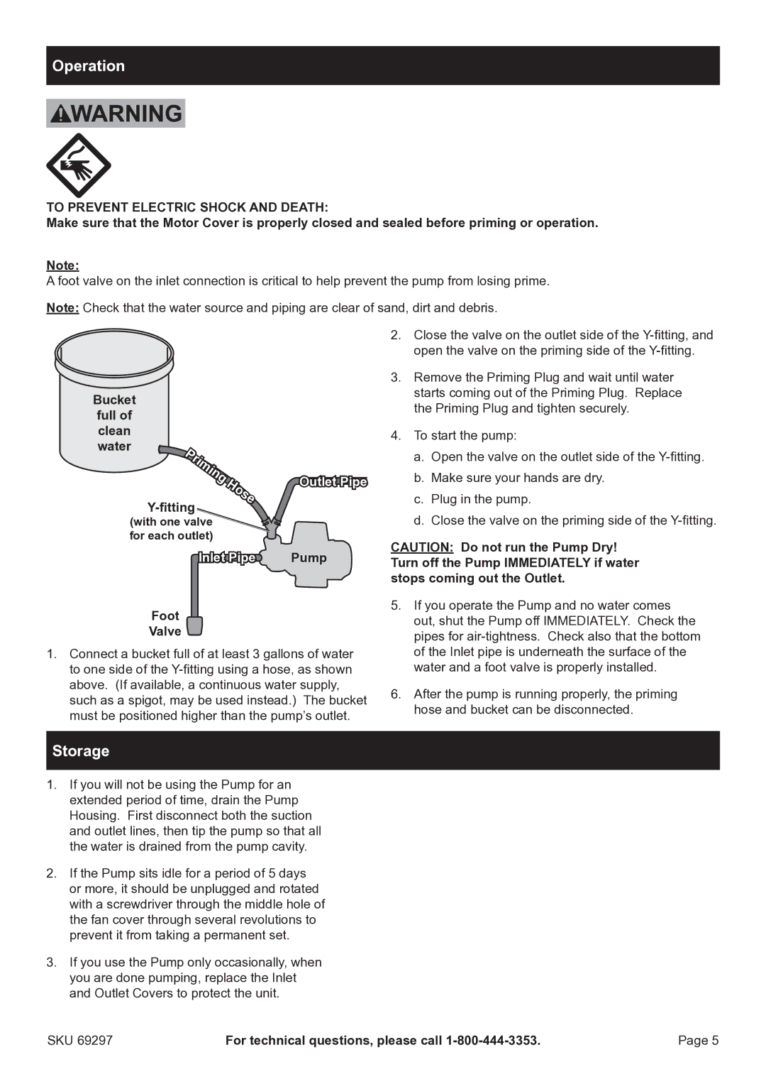 Harbor Freight Tools 69297 owner manual Operation, Storage, Fitting, Pump, Foot Valve 