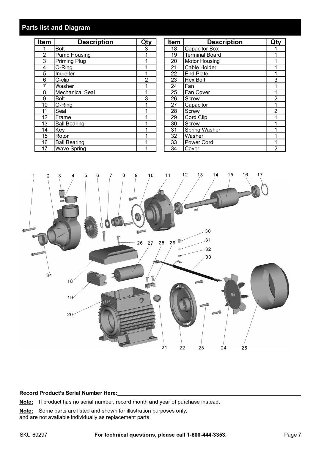 Harbor Freight Tools 69297 owner manual Parts list and Diagram, Description Qty, Record Product’s Serial Number Here 