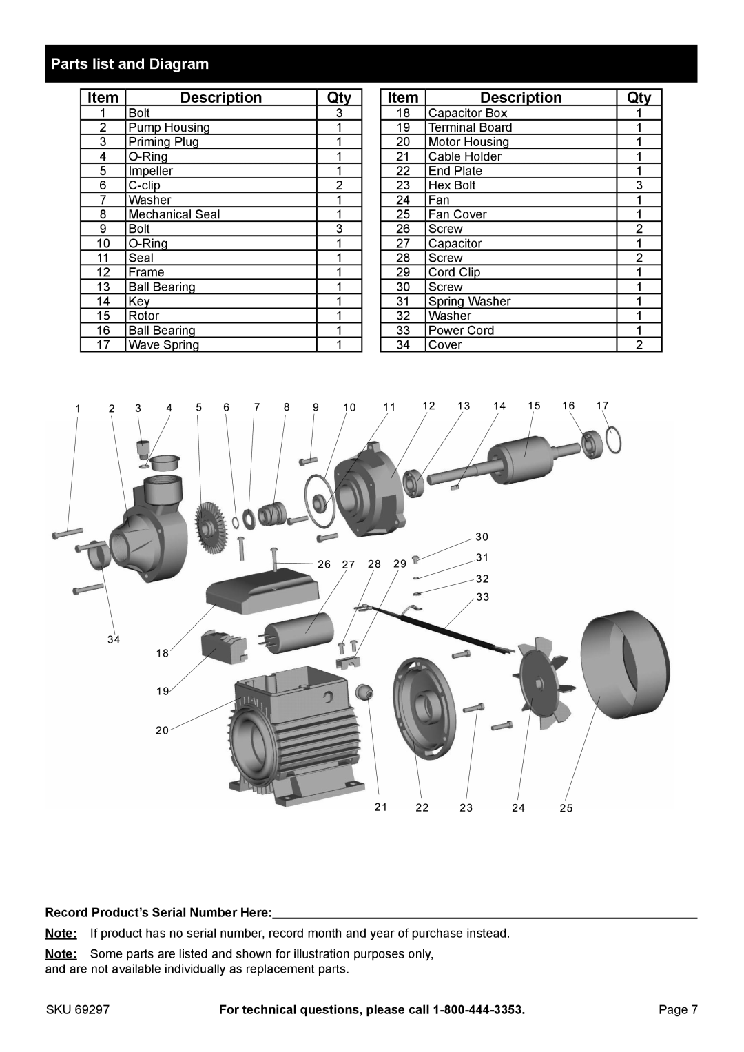 Harbor Freight Tools 69297 owner manual Parts list and Diagram, Description, Record Product’s Serial Number Here 