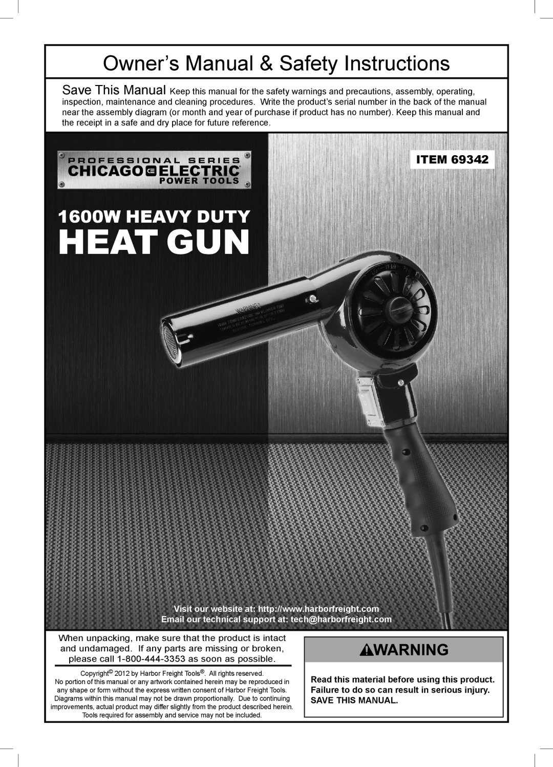 Harbor Freight Tools 69342 owner manual Heat GUN 