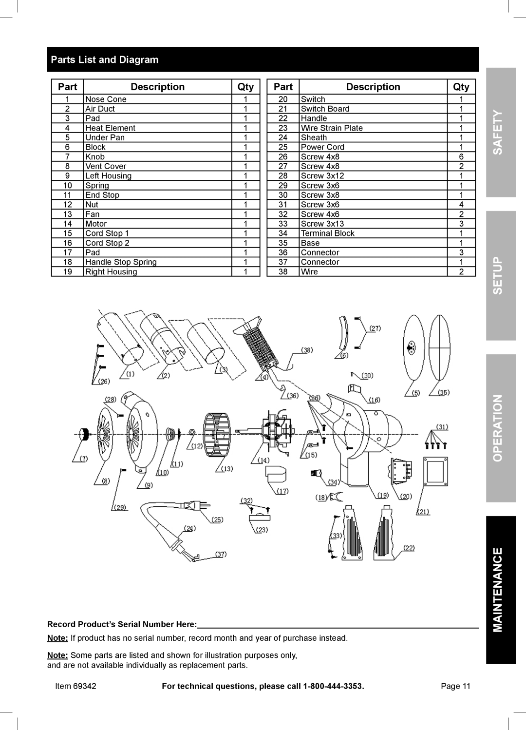 Harbor Freight Tools 69342 owner manual Parts List and Diagram, Part Description Qty 